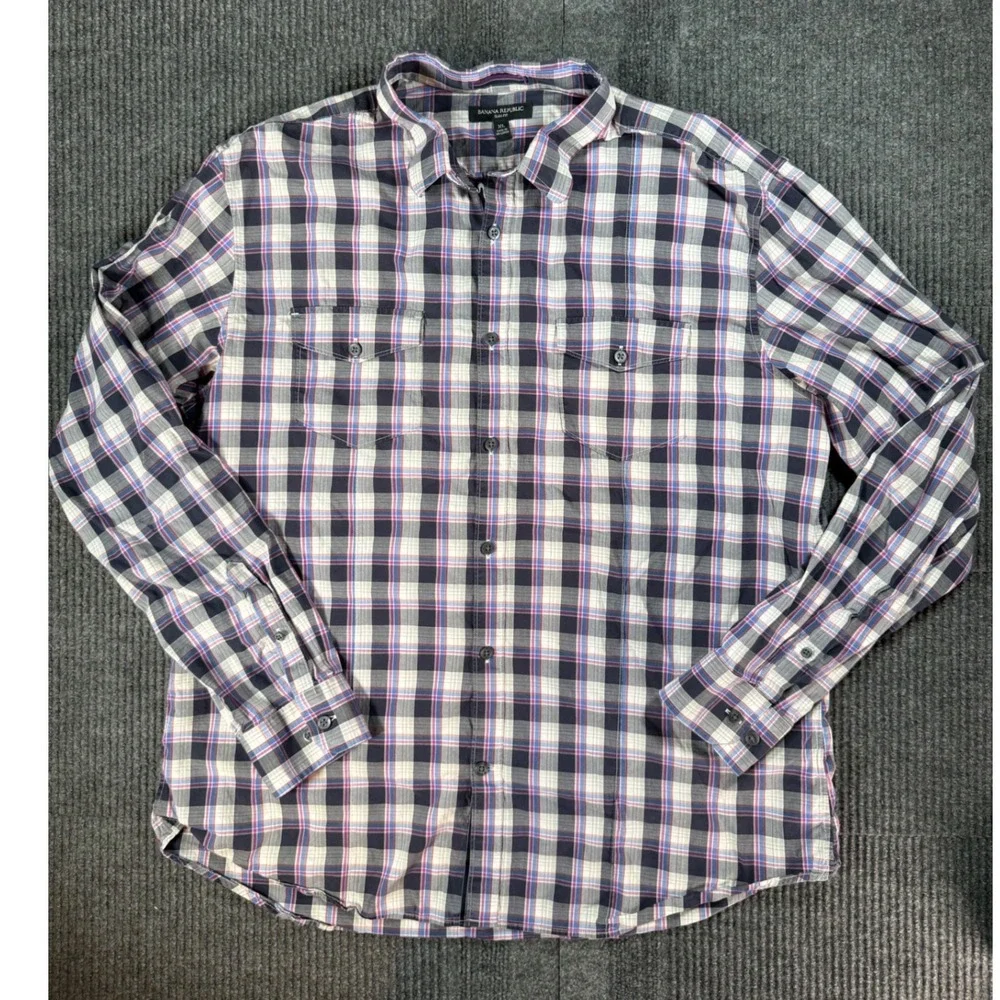 Banana Republic Slim Fit Plaid Button Down Shirt Mens XL Navy Pink Long Sleeve